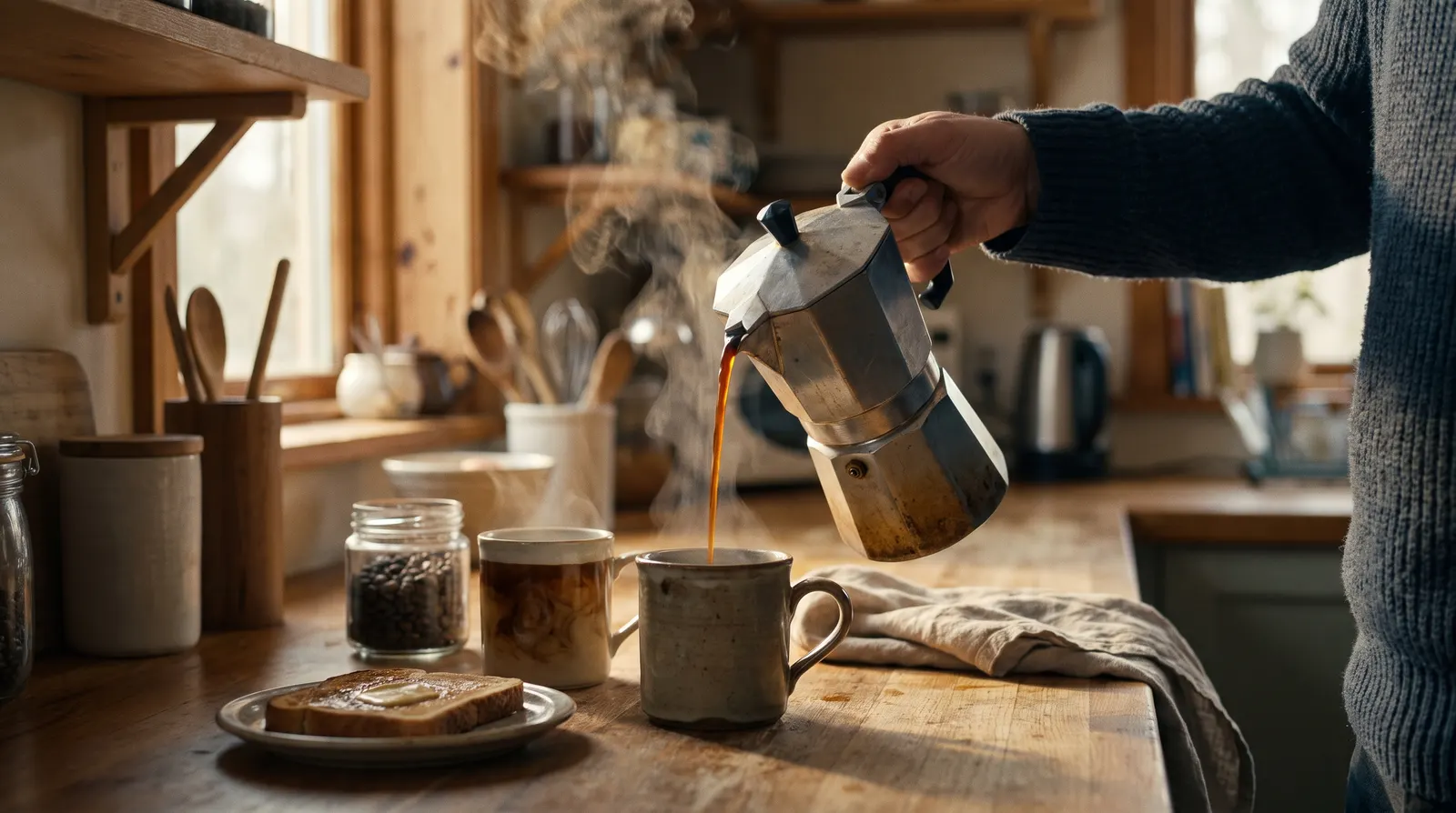 Una mano sirve café de una cafetera italiana en un tazón, junto a otro tazón con leche, un frasco de granos y pan tostado, en una cocina con luz de mañana