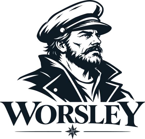 Ilustración de WORSLEY: un navegante de barba con gorra y abrigo, sobre el nombre de la marca